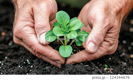 Close-up of weathered hands gently holding a young green plant growing in rich soil, symbolizing growth, care, and environmental responsibility. Close-up of weathered hands gently holding a young green plant growing in rich soil, symbolizing growth, care, and environmental responsibility. 124344676