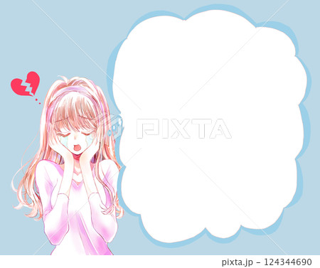 泣く女性　割れたハート　雲形吹き出し 124344690