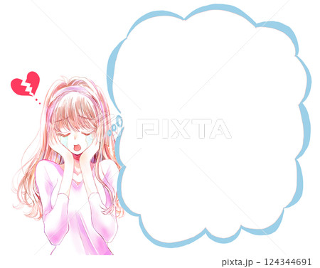 泣く女性 割れたハート 雲形吹き出し 泣く女性 割れたハート 雲形吹き出し 124344691