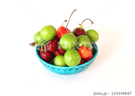 Single whole fresh green Can Erik plum and cherry close up isolated on white background. 124344697