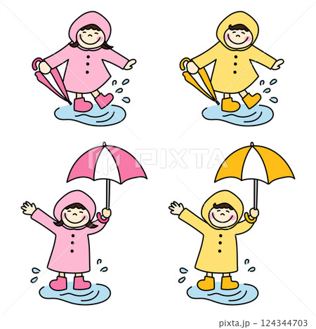 レインコートを着て傘を持つ子供のイラストセット 124344703