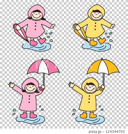 レインコートを着て傘を持つ子供のイラストセット 124344703