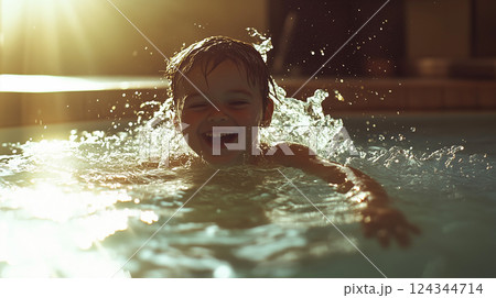 Happy Child Splashing in Pool at Sunset 124344714