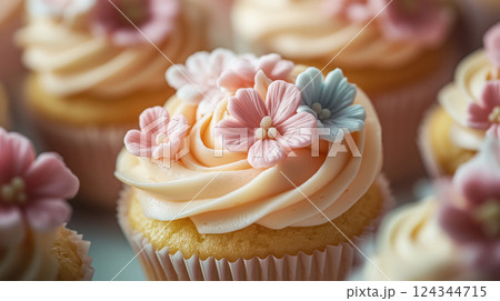Vanilla Cupcake with Pastel Flower Icing Decoration 124344715