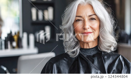 Portrait of a mature woman with gray hair smiling confidently while sitting in a modern hair salon wearing a black styling cape. 124344804