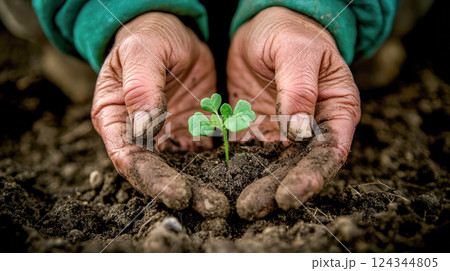 Close-up of rough, dirty hands gently holding soil around a small green seedling growing in the ground, symbolizing care, growth, and sustainability. 124344805