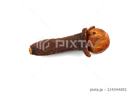 Dry cloves isolated on white background. Top view. Flat lay Dry cloves isolated on white background. Top view. Flat lay 124344891