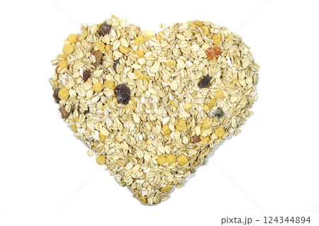 Oatmeal heart isolated on a white background, with place for an inscription. Bunting heart symbol. 124344894