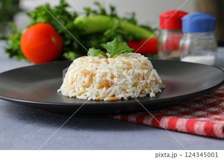 Traditional Turkish Rice Pilav. Plain Pilaf Portion Served. Organic Food. Turkish style rice pilaf 124345001