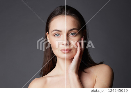 Female face before and after retouching Female face before and after retouching 124345039