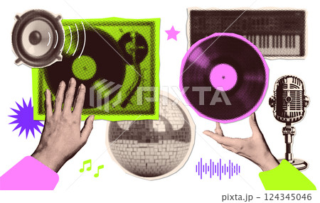 Disco themed collage stickers set. Bright retro 80s elements. For party with vintage equipment. Vector dotted realistic illustration 124345046