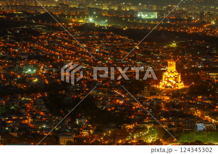 Holy Trinity Cathedral of Tbilisi, night view from Mtatsminda 124345302