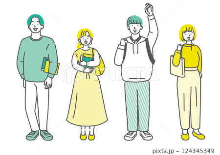 仲間に手を振る男女の大学生友達グループ　呼びかけ 124345349