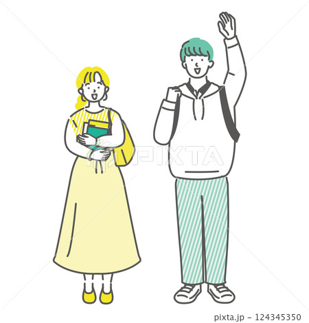 仲間に手を振る男女の大学生友達　呼びかけ 124345350