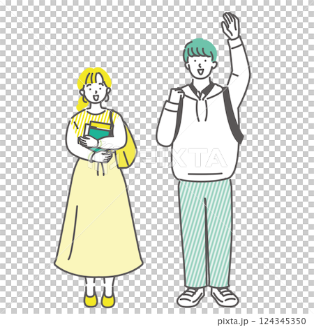 仲間に手を振る男女の大学生友達　呼びかけ 124345350