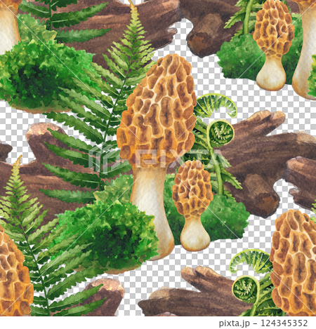 Seamless pattern of watercolor Yellow Morrel mushroom surrounded with a log, moss and fern leaves 124345352