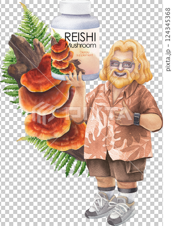 Watercolor man in a Hawaiian shirt holds a bottle of Reishi supplements, smiling and giving a thumbs-up 124345368