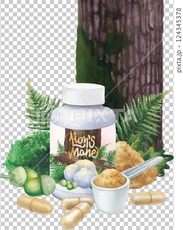 Realistic watercolor bottles of a Lion's Mane supplement with forest decorations Realistic watercolor bottles of a Lion's Mane supplement with forest decorations 124345378