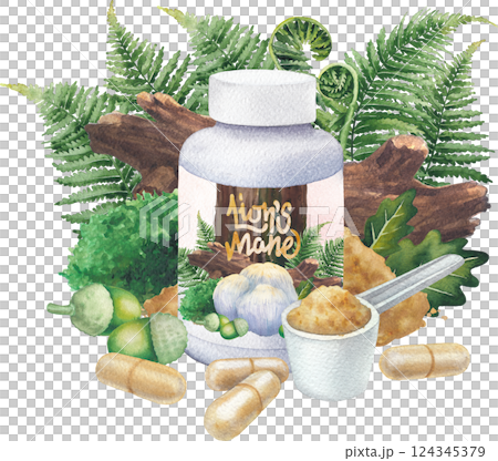 Realistic watercolor bottles of a Lion's Mane supplement with forest decorations 124345379