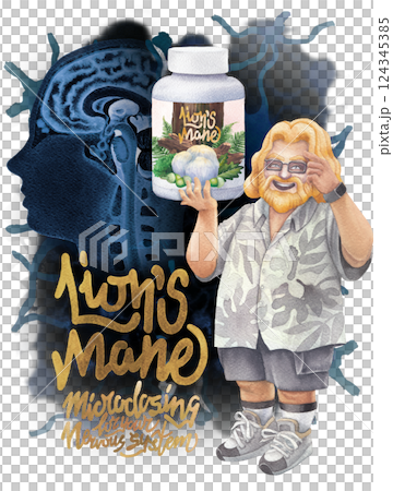Watercolor man with bottle of Lion's Mane mushroom supplements and a human brains and nervous system behind. 124345385