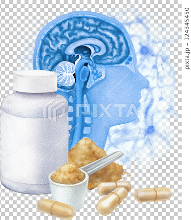 Watercolor plastic supplement bottle with pills, powder and a human brains with nervous system behind 124345450