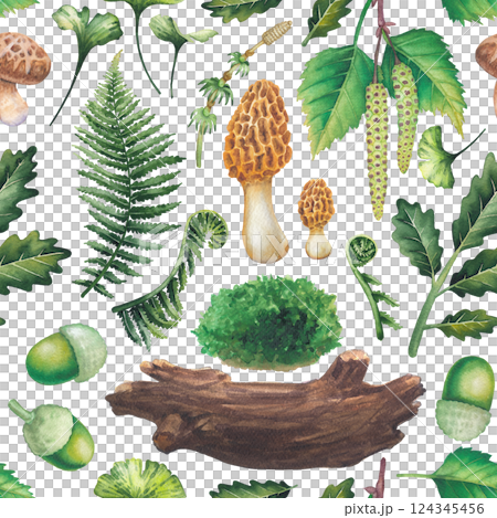 Seamless pattern of various watercolor forest plants Seamless pattern of various watercolor forest plants 124345456
