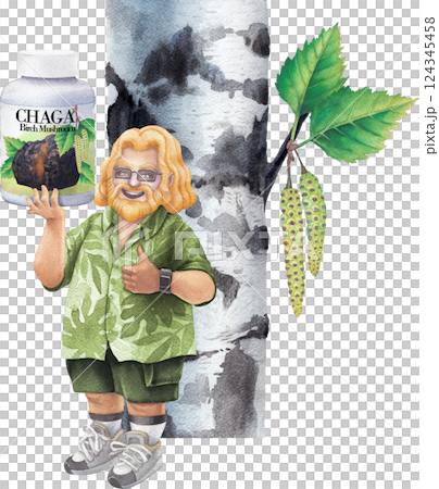Watercolor man in a Hawaiian shirt holds a bottle of Chaga mushroom supplements, smiling and giving a thumbs-up. 124345458