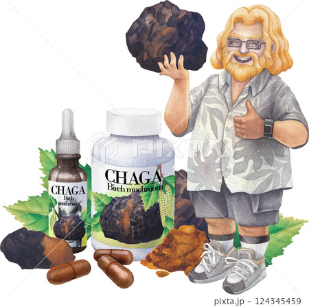 Watercolor man in a Hawaiian shirt holds a Chaga mushroom, giving a thumbs-up with a supplement bottles nearby. 124345459