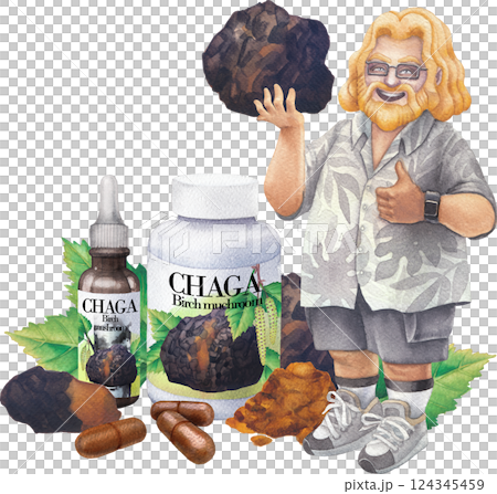 Watercolor man in a Hawaiian shirt holds a Chaga mushroom, giving a thumbs-up with a supplement bottles nearby. 124345459