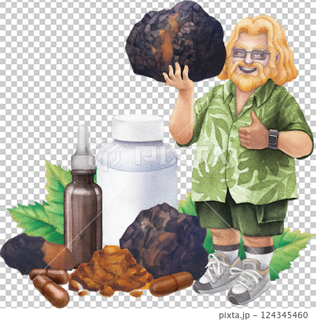 Watercolor man in a Hawaiian shirt holds a Chaga mushroom, giving a thumbs-up with a supplement bottles nearby. Watercolor man in a Hawaiian shirt holds a Chaga mushroom, giving a thumbs-up with a supplement bottles nearby. 124345460
