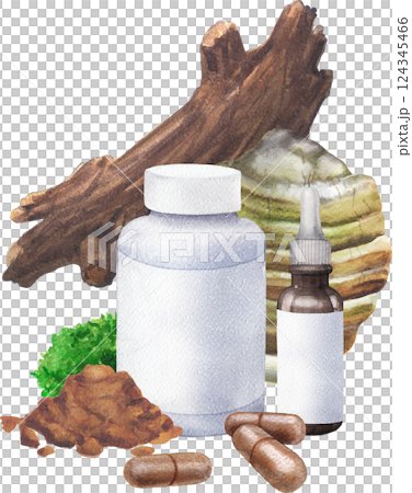 Watercolor supplement bottles with a blank labels decorated with an Agaricon mushroom on a log, pills and powder 124345466