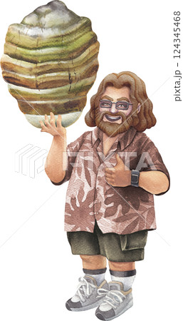 Watercolor art of a cheerful bearded man in a Hawaiian shirt holding an Agarikon mushroom Watercolor art of a cheerful bearded man in a Hawaiian shirt holding an Agarikon mushroom 124345468