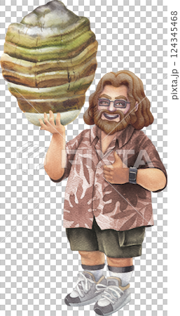 Watercolor art of a cheerful bearded man in a Hawaiian shirt holding an Agarikon mushroom Watercolor art of a cheerful bearded man in a Hawaiian shirt holding an Agarikon mushroom 124345468