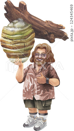 Watercolor art of a cheerful bearded man in a Hawaiian shirt holding an Agarikon mushroom Watercolor art of a cheerful bearded man in a Hawaiian shirt holding an Agarikon mushroom 124345469