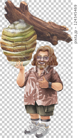 Watercolor art of a cheerful bearded man in a Hawaiian shirt holding an Agarikon mushroom 124345469