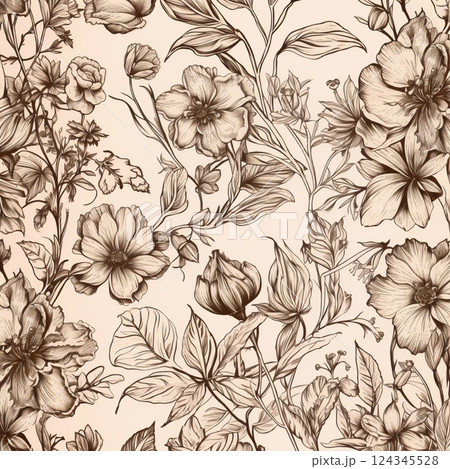 Elegant floral outlines in a graphic style. A soft palette of beige shades emphasizes the elegance of the floral pattern, creating a sense of calm and harmony. Generative AI 124345528