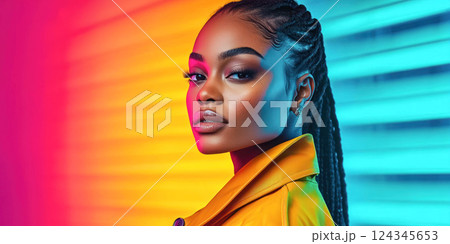 Woman in a yellow leather jacket posing against a vibrant neon background with pink, orange, and blue lighting, creating a bold and modern portrait with a confident expression. 124345653