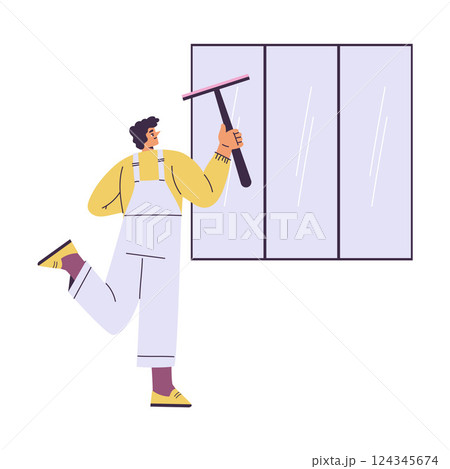 Cleaning with Man Character Washing Window with Mop Do Cleanup Vector Illustration Cleaning with Man Character Washing Window with Mop Do Cleanup Vector Illustration 124345674