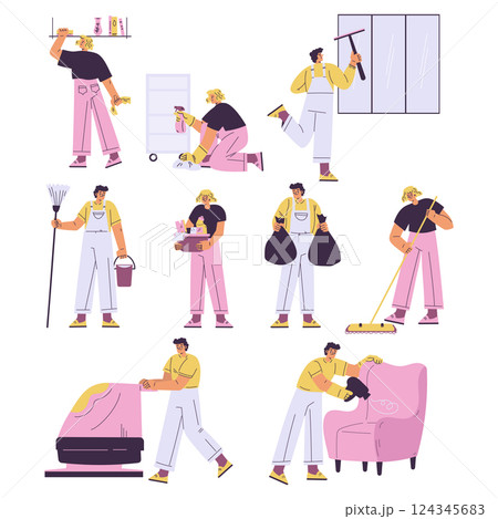 Cleaning with Man and Woman Do Cleanup Vector Set 124345683