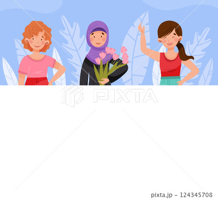 Young Woman Banner Design with Flora Vector Template 124345708