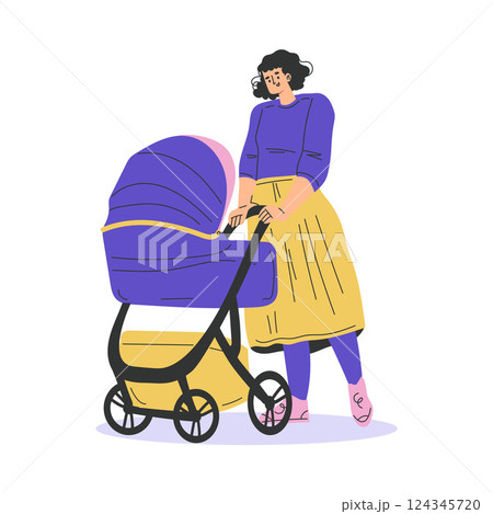 Young Woman Parent Walking with Baby Carriage Vector Illustration 124345720