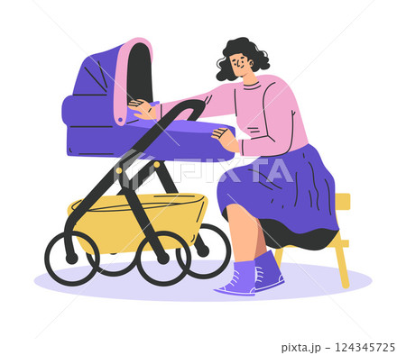 Young Woman Parent Walking with Baby Carriage Vector Illustration Young Woman Parent Walking with Baby Carriage Vector Illustration 124345725