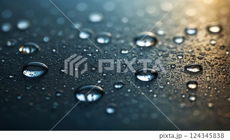 Macro View of Water Droplets on Dark Surface with Warm Lighting 124345838