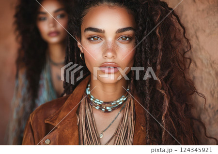 Portrait of a confident young woman with natural curly hair, freckled skin, and layered bohemian necklaces, wearing a suede jacket, with a blurred figure in the background in earthy tones. 124345921