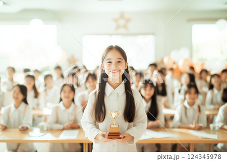 コンクールの表彰式で笑顔を見せる小学生と仲間たち 124345978