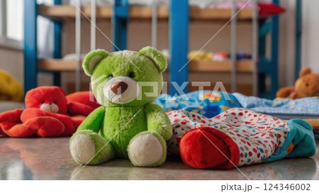 close up of child toy in empty children's room of orphanage. Concept of loneliness, adoption of children 124346002