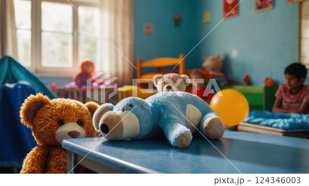 close up of child toy in empty children's room of orphanage. Concept of loneliness, adoption of children 124346003