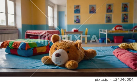 close up of child toy in empty children's room of orphanage. Concept of loneliness, adoption of children 124346004
