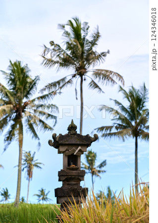 A sacral sacred monument temple for worshiping the gods and making offerings stands in a rice field. A sacral sacred monument temple for worshiping the gods and making offerings stands in a rice field. 124346018