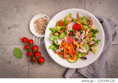 Salad with chicken meat. Salad with chicken meat. 124346120
